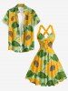 Sunflowers Leaf Print Crisscross Straps Bowknot Hawaii Tank Dress - Vert L