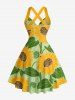 Sunflowers Leaf Print Crisscross Straps Bowknot Hawaii Tank Dress - Vert L