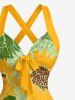 Sunflowers Leaf Print Crisscross Straps Bowknot Hawaii Tank Dress - Vert L