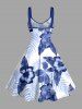 Robe trapèze à lacets Hawaii imprimé feuilles tropicales et fleurs d'hibiscus - Bleu 6X