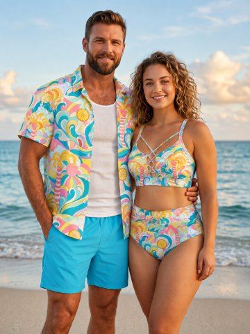Coconut Tree Sea Waves Bird Print Matching Hawaii Beach Outfit For Couples - YELLOW