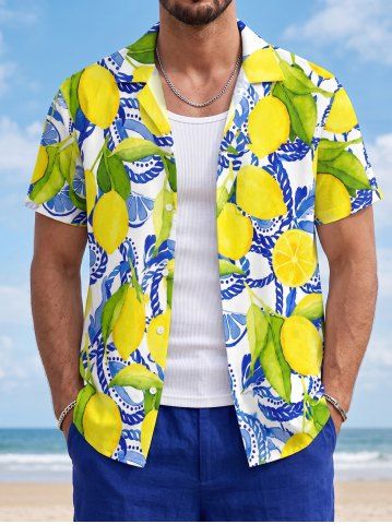 Lemon Leaf Rope Print Buttons Pocket Hawaii Shirt For Men - YELLOW - 5XL