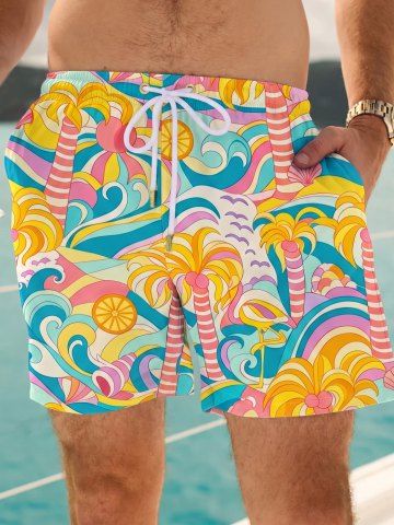 Coconut Tree Sea Waves Bird Print Hawaii Drawstring Beach Shorts For Men - YELLOW - 7XL