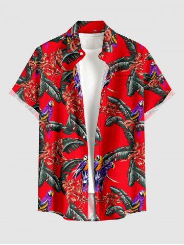 Parrots Feather Print Buttons Pocket Hawaii Shirt For Men - RED - 5XL