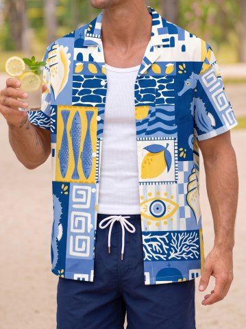Fish Coral Colorblock Print Hawaii Button Pocket Shirt For Men - BLUE - 5XL
