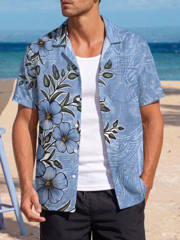 Chemise hawaïenne à imprimé hibiscus, feuilles et branches, avec boutons et poche, pour homme