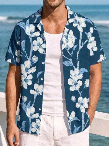 Flower Leaf Branch Print Hawaii Button Pocket Shirt For Men
