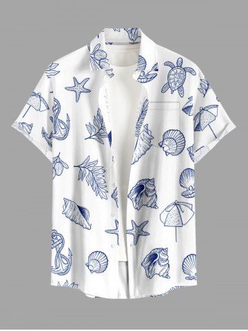 Shell Turtle Conch Anchor Leaf Print Hawaii Button Pocket Shirt For Men - BLUE - 5XL