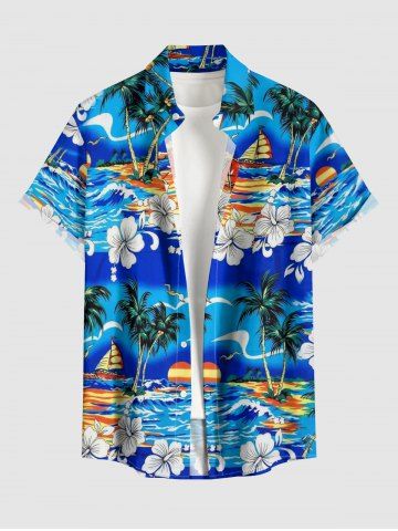 Coconut Tree Hibiscus Flower Sea Waves Print Buttons Pocket Hawaii Shirt For Men