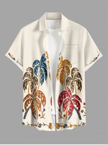 Coconut Tree Flower Print Hawaii Button Pocket Shirt For Men - BEIGE - 6XL