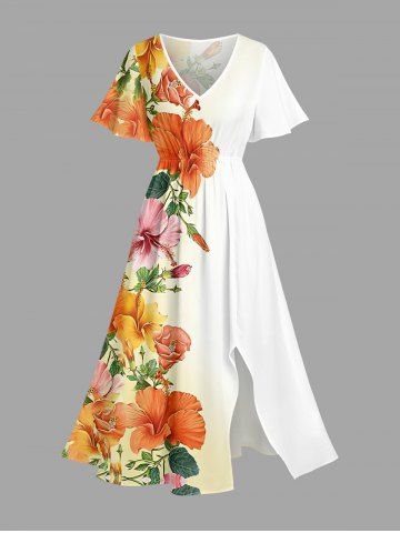 Hibiscus Flower Leaf Print Hawaii Split Pocket A Line Midi Dress - ORANGE - XXS