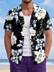 Chemise hawaïenne pour homme à imprimé feuilles et fleurs, avec boutons et poche - Noir 4XL
