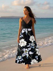 Robe camisole portefeuille Hawaii à imprimé fleurs et feuilles - Noir L