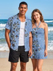 Tenue de plage hawaïenne assortie pour couple avec imprimé fleur d'hibiscus, feuilles et branches - Bleu Ciel 