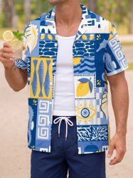 Fish Coral Colorblock Print Hawaii Button Pocket Shirt For Men -  