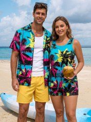 Matching Hawaii Shirt and Romper Beach Outfit Coconut Tree Seascape Print for Couples -  