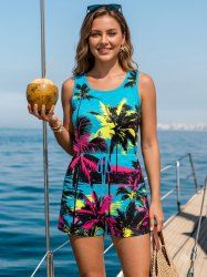 Coconut Tree Seascape Print Cinched Hawaii Romper -  