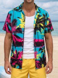 Coconut Tree Seascape Print Buttons Pocket Hawaii Shirt For Men -  