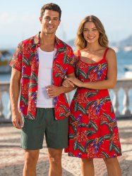 Parrots Feather Print Matching Hawaii Beach Outfit For Couples -  