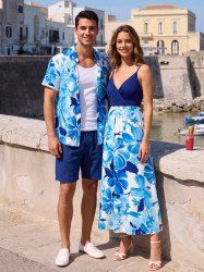 Hibiscus Flower Leaf Oil Painting Print Matching Hawaii Beach Outfit For Couples -  