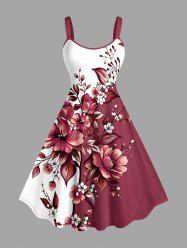 Robe trapèze hawaïenne à imprimé floral branches et feuilles - Rouge brique 6X