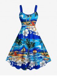 Robe débardeur hawaïenne imprimée cocotier, hibiscus, vagues marines (bretelles ajustables) - Bleu XXS