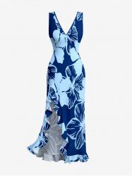 Hibiscus Flower Print Hawaii Ruffles Split Surplice Dress - Bleu profond L