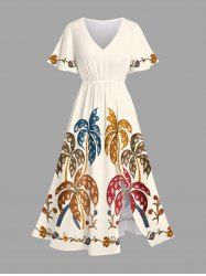 Robe midi coupe A à imprimé fleur de cocotier Hawaii, avec poches fendues - Beige M