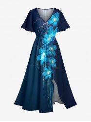 Robe midi Hawaii à imprimé 3D de fleurs et paillettes avec fente - Paon Bleu 3X