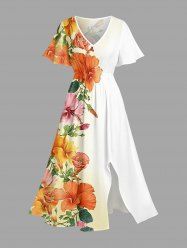 Robe midi trapèze à imprimé hibiscus et feuilles Hawaii avec poches fendues - Orange L