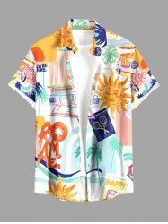 Chemise hawaïenne à imprimé cocotier et tournesol avec poche boutonnée pour homme - Brun Doré XL