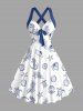Robe ligne A à imprimé coquillage, tortue, conque, ancre et feuilles, Hawaii halter croisé à brides - Bleu L