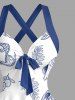 Robe ligne A à imprimé coquillage, tortue, conque, ancre et feuilles, Hawaii halter croisé à brides - Bleu L