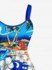 Coconut Tree Hibiscus Flower Sea Waves Print Hawaii Tank Dress(Adjustable Shoulder Strap) - Bleu L