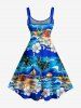 Coconut Tree Hibiscus Flower Sea Waves Print Hawaii Tank Dress(Adjustable Shoulder Strap) - Bleu L