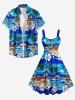 Coconut Tree Hibiscus Flower Sea Waves Print Hawaii Tank Dress(Adjustable Shoulder Strap) - Bleu L