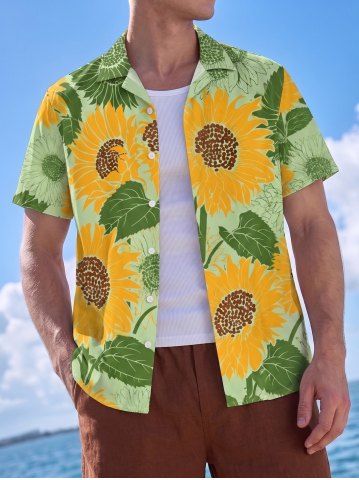 Sunflowers Leaf Print Buttons Pocket Hawaii Shirt For Men - GREEN - 6XL