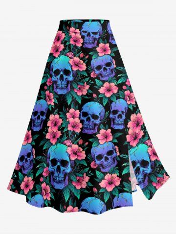 Skulls Hibiscus Flower Leaf Print Hawaii Split A Line Skirt