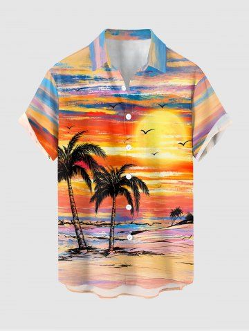 Coconut Tree Seascape Sun Oil Painting Print Buttons Pocket Hawaii Shirt For Men - ORANGE - M