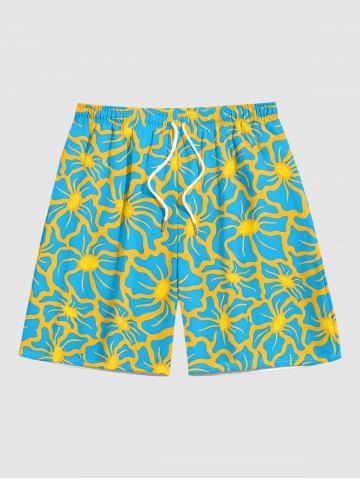 Flowers Print Hawaii Beach Shorts For Men - DARK TURQUOISE - 8XL