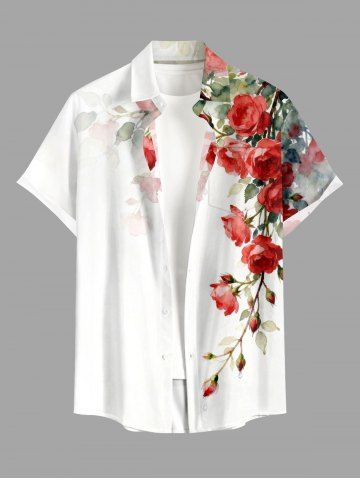Flower Leaf Branch Print Hawaii Button Pocket Shirt For Men - WHITE - M