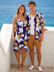 Tenue hawaïenne de plage assortie pour couple avec imprimé fleurs et feuilles - Concorde 