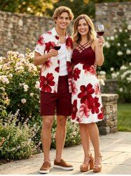 Flower Print Matching Hawaii Beach Outfit For Couples -  