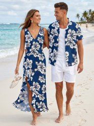 Hibiscus Flowers Print Matching Hawaii Beach Outfit For Couples -  