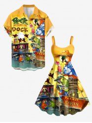 Imprimé Perroquets et Fleurs - Tenue de plage hawaïenne assortie pour couples - Brun Doré 
