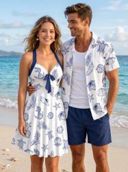 Shell Turtle Conch Anchor Leaf Print Matching Hawaii Beach Outfit For Couples - Bleu 