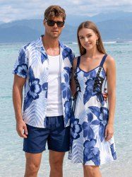 Tropical Leaf Hibiscus Flower Print Matching Hawaii Beach Outfit For Couples - Bleu 