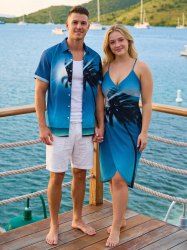 Coconut Tree Sea Sky Print Matching Hawaii Beach Outfit For Couples - Bleu 