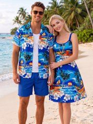 Coconut Tree Hibiscus Flower Sea Waves Print Matching Hawaii Beach Outfit For Couples - Bleu 
