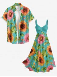 Ensemble de plage hawaïen assorti pour couples avec imprimé feuilles de tournesol - Turquoise Foncée 